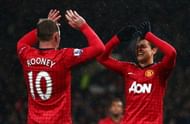 MANCHESTER, ENGLAND - JANUARY 26: Javier Hernandez of Manchester United celebrates scoring his team's third goal with team-mate Wayne Rooney during the FA Cup with Budweiser Fourth Round match between Manchester United and Fulham at Old Trafford